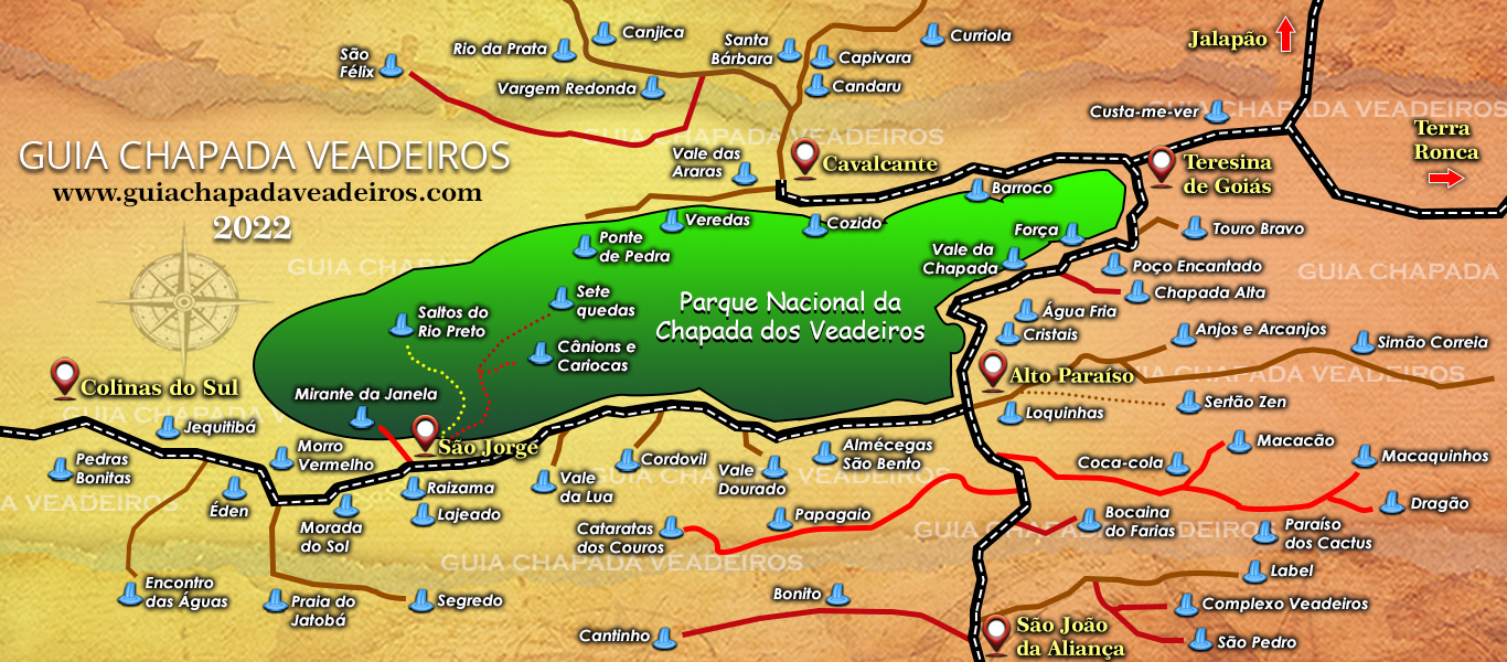Illustrated map of Chapada dos Veadeiros with waterfalls and towns.