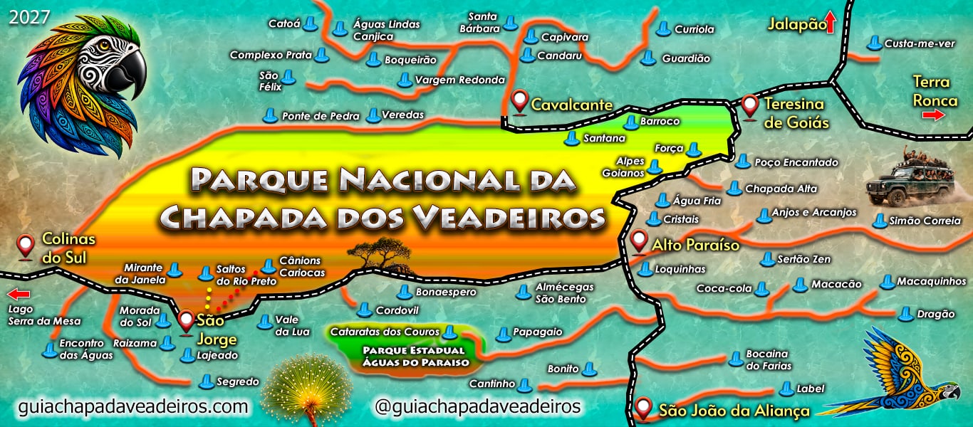 Mapa Chapada Veadeiros ilustrado, com cachoeiras e núcleos urbanos.