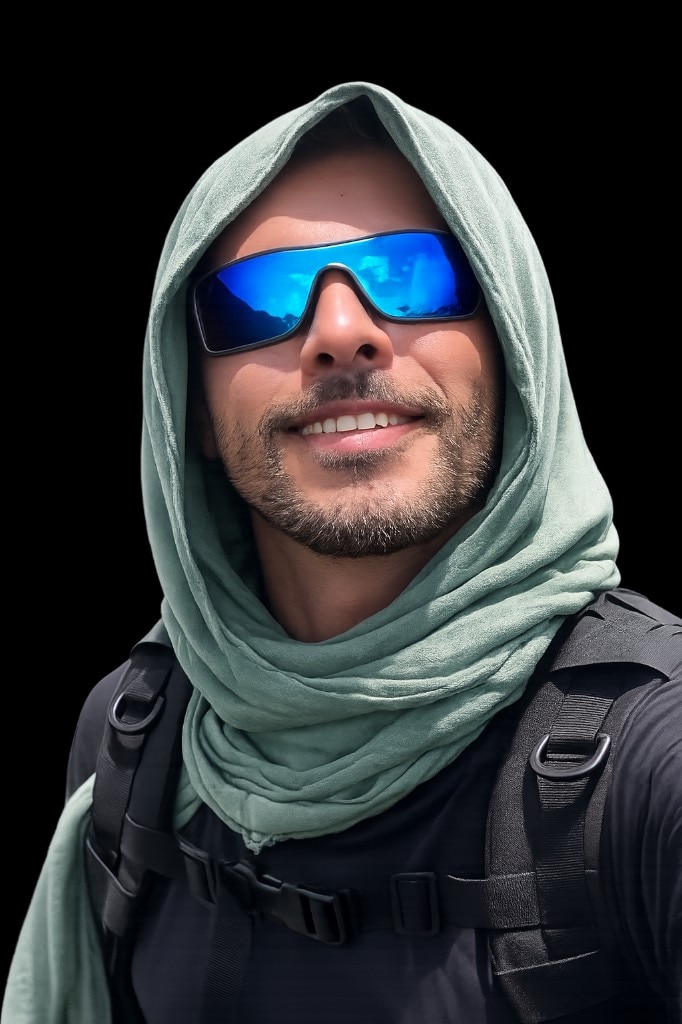 Diego Navi, Cadastur-accredited ecotourism guide in Chapada dos Veadeiros, green bandana, mirrored blue sunglasses and hiking pack