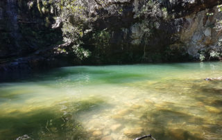 Poço da cachoeira das Loquinhas com água esverdeada límpida na Chapada dos Veadeiros
